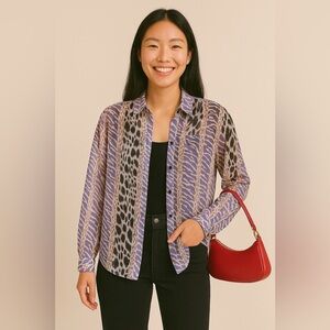 Vintage Silk Print Blouse.  Khaki, Black and Slate. Large.